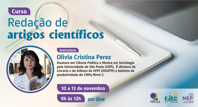 A imagem é um material informativo sobre o curso. O fundo mostra um caderno aberto com uma canet...