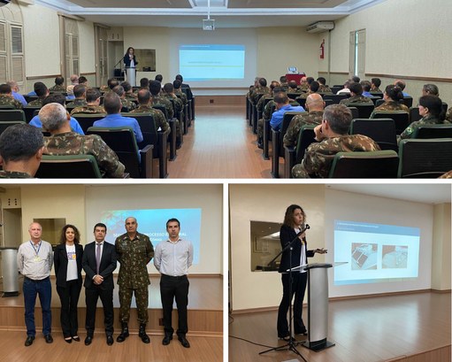 Montagem com três fotos tiradas na palestra. Na parte superior, foto mostra oficiais sentados, d...