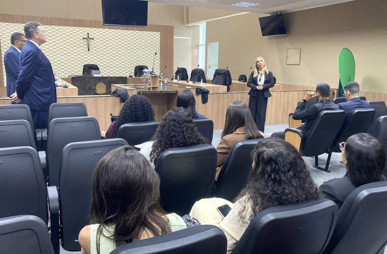 TRE-CE recebe grupo de advogados do Cariri e representantes da OAB-CE em visita institucional Na imagem, na sala do Pleno com cadeiras organizadas em fileiras, as pessoas estão sentadas, vol...