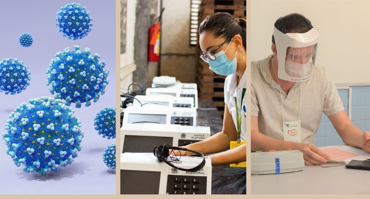 TRE-CE Série 1 ano de pandemia Montagem com 3 fotos. Na sequência, da esquerda para direita: primeira foto: vista frontal de 6 ...