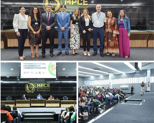 TRE e MPCE promovem reunião de orientação com Conselhos Municipais dos Direitos da Criança e do Adolescente Montagem de três fotos. Na parte superior, nove pessoas em pé lado a lado. Entre as nove pessoas...