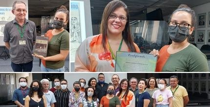 Montagem de três fotos realizadas durante o evento "90 anos do voto feminino no Ceará", na sala ...