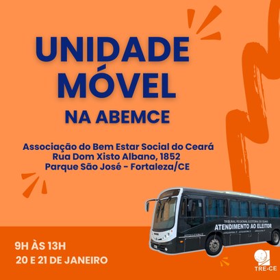 Unidade Móvel do TRE-CE estará no bairro Parque São José neste fim de semana Banner na vertical com fundo laranja. Na parte superior da imagem, em caixa alta, na cor azul, e...