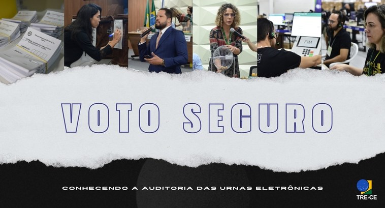 Voto seguro: TRE-CE lança minidocumentário sobre testes das urnas eletrônicas Card gráfico de fundo azul. No topo, seis fotos do processo de testes das urnas no TRE-CE em 202...